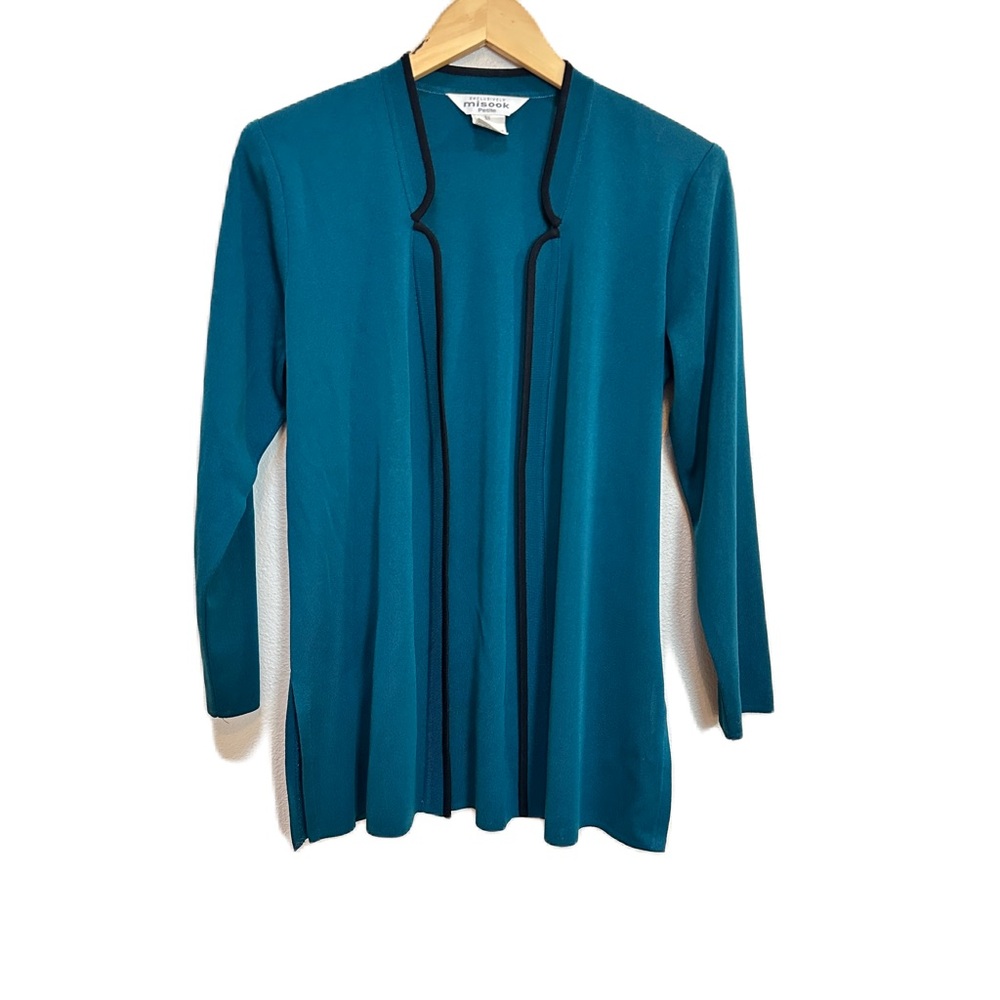 Exclusively Misook Petite Blue Open Front Black Trim Cardigan‎ Jacket Women’s XS